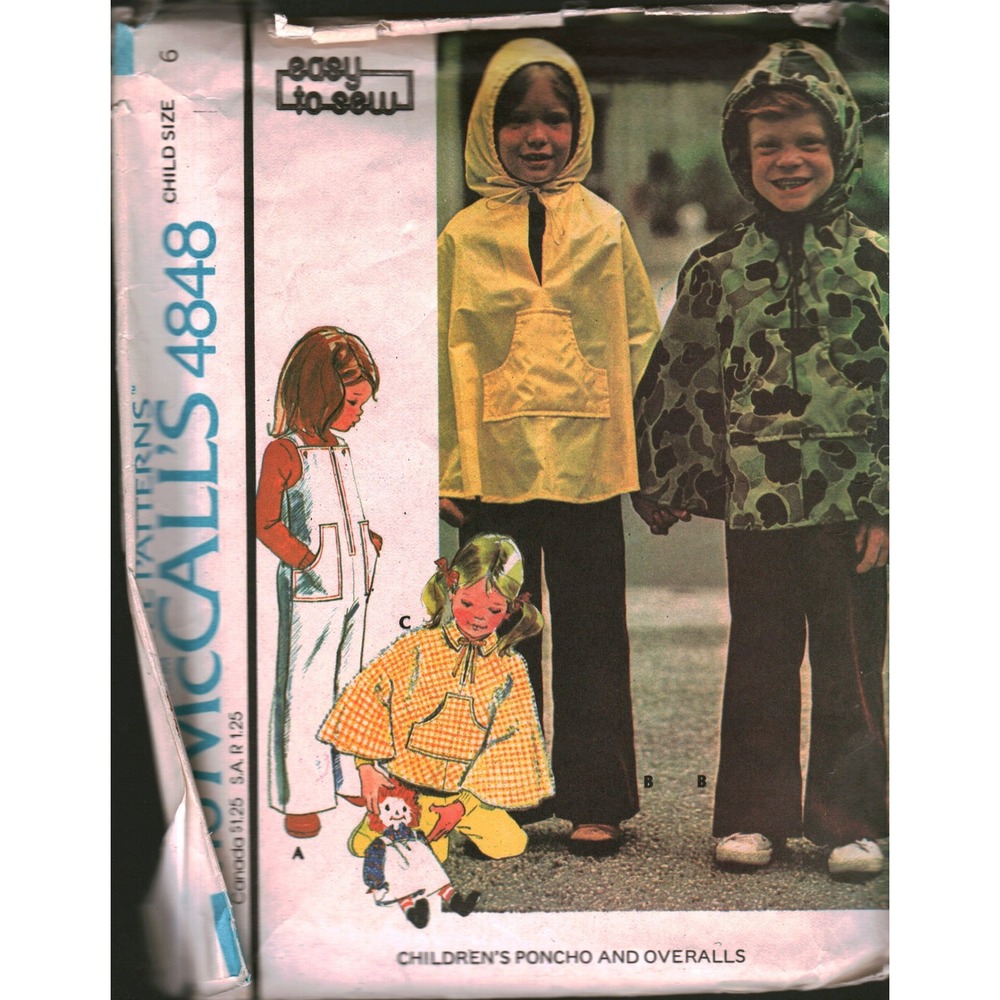 Vintage 1975 McCalls 4848 Childrens Poncho and Overalls Sewing Pattern Size 6